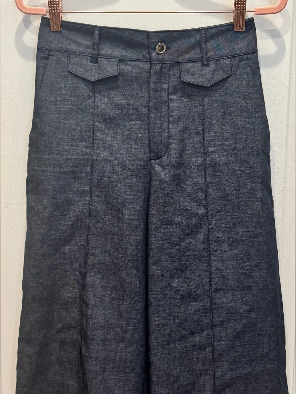 ZARA Linen Blend Wide Leg Denim Culotte Pants Indigo Blue XS NWT